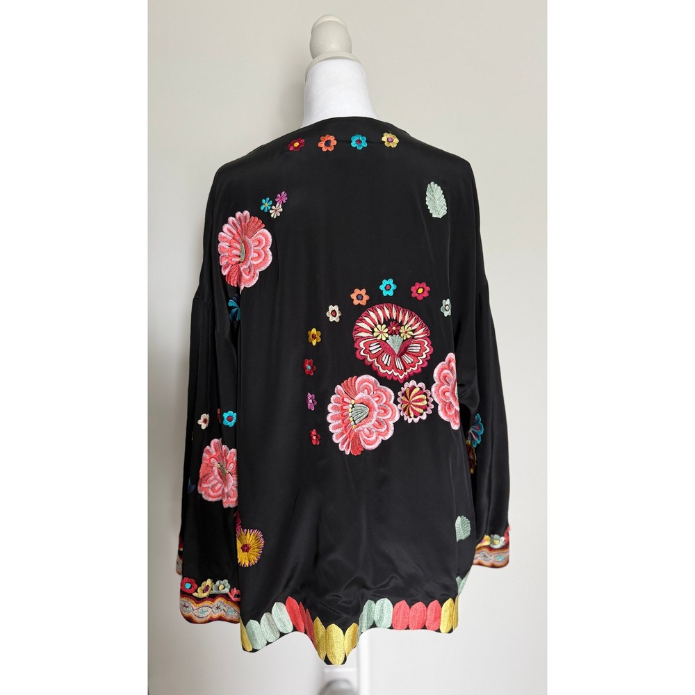 Natori Black Embroidered Kimono Jacket Floral Open Front Boho Statement XL - Picture 5 of 16
